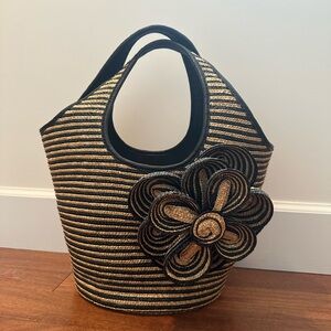Kate Spade Straw Black and  Natural Tote with Floral Design